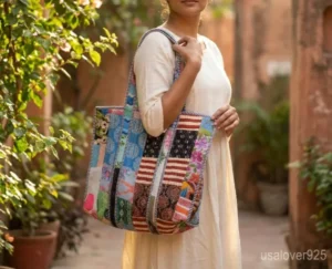 Patchwork Quilted Cotton Tote Bag with comfortable handles featuring a multi-color bohemian block print layout.