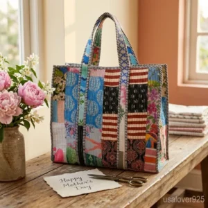 Close-up of intricate hand-stitched mosaic fabrics and high-quality secure top zipper on a Patchwork Quilted Cotton Tote Bag.