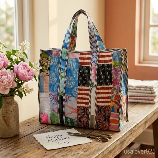 Close-up of intricate hand-stitched mosaic fabrics and high-quality secure top zipper on a Patchwork Quilted Cotton Tote Bag.