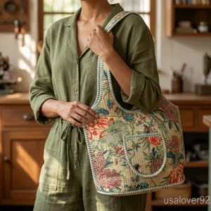 Close-up of intricate hand-block printing patterns and high-quality top zipper on a Bird Print Quilted Boho Tote.