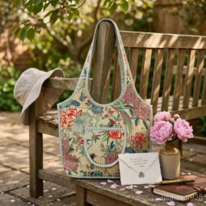 Bird Print Quilted Boho Tote with comfortable over-the-shoulder straps featuring an ethnic peach bird print.