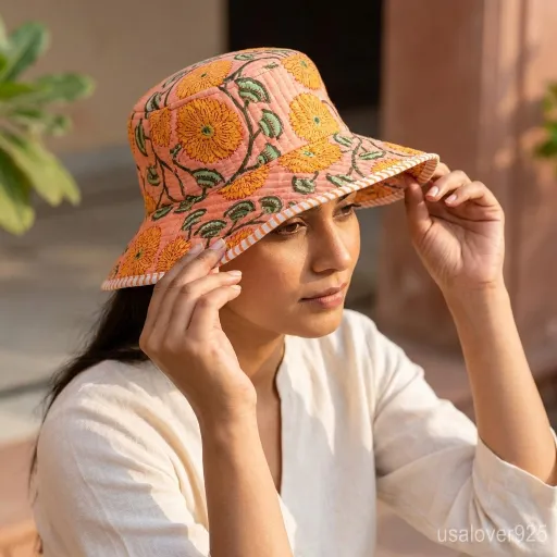 Handmade Peach Floral Quilted Bucket Hat