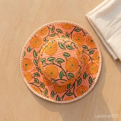 Handmade Peach Floral Quilted Bucket Hat