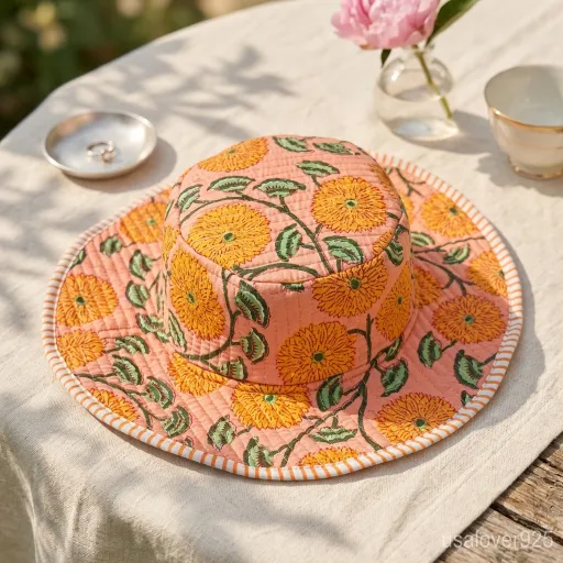 Handmade Peach Floral Quilted Bucket Hat
