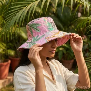Pink Floral Quilted Cotton Bucket Hat handmade in Jaipur for Soft-Girl summer fashion.