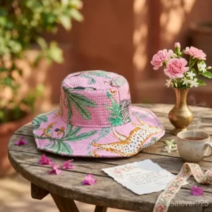 Close-up of authentic pink floral hand block print on a quilted cotton bucket hat.