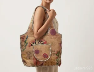 Floral Quilted Cotton Tote Bag with comfortable handles featuring an ethnic peach flower print.