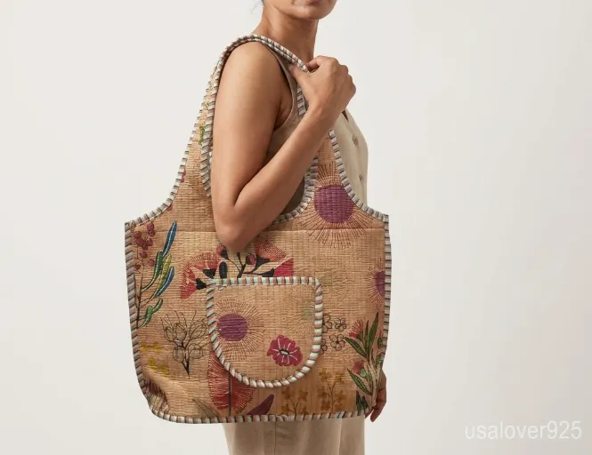 Floral Quilted Cotton Tote Bag with comfortable handles featuring an ethnic peach flower print.