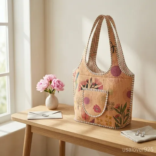 Close-up of delicate peach botanical hand-block print patterns and high-quality quilted stitching on a Floral Quilted Cotton Tote Bag.
