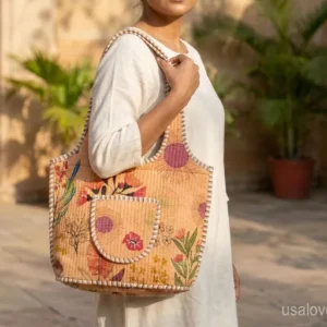 Floral Quilted Cotton Tote Bag with comfortable handles featuring an ethnic peach flower print.