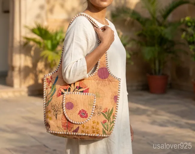 Floral Quilted Cotton Tote Bag with comfortable handles featuring an ethnic peach flower print.