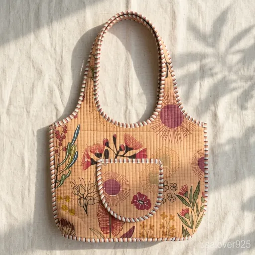 Close-up of delicate peach botanical hand-block print patterns and high-quality quilted stitching on a Floral Quilted Cotton Tote Bag.