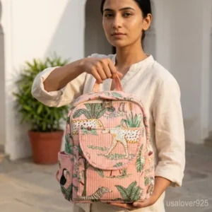 Peach-Jungle-Quilted-Backpack-Hand-Block-Print-Cotton-Daypack