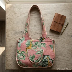 Woman walking through the city carrying a Jungle Print Quilted Boho Tote packed with a laptop and books.