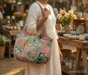 Jungle Print Quilted Boho Tote with comfortable over-the-shoulder straps featuring an ethnic peach tropical print.