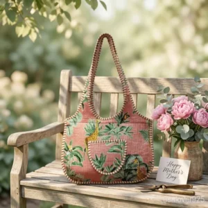Jungle Print Quilted Boho Tote with comfortable over-the-shoulder straps featuring an ethnic peach tropical print.