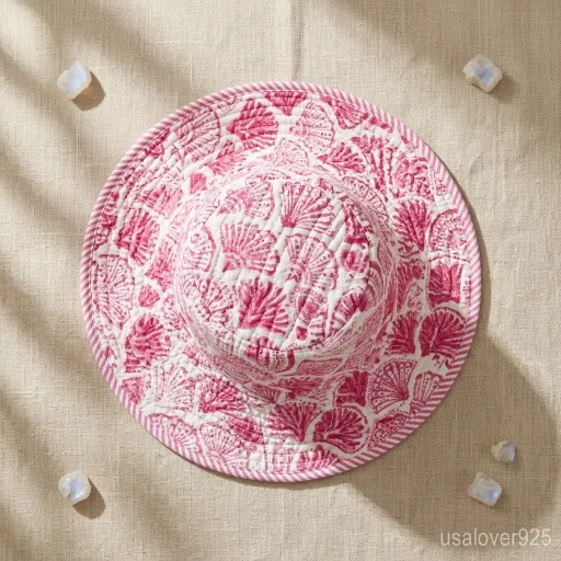Close-up of authentic pink botanical hand block print on a quilted cotton bucket hat.