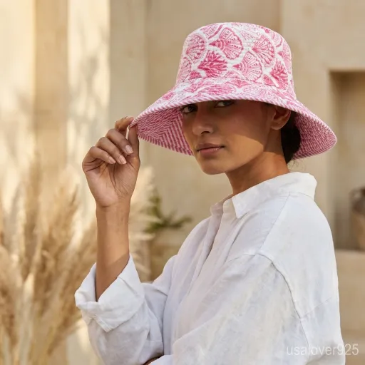 Pink Block Print Quilted Cotton Bucket Hat handmade in Jaipur for Soft-Girl summer fashion.