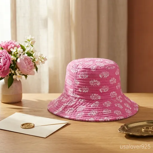 Close-up of authentic pink botanical hand block print on a quilted cotton bucket hat.