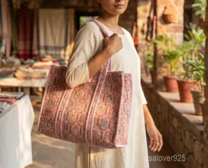 Pink Floral Block Print Quilted Cotton Tote Bag with striped shoulder straps showing the traditional hand block botanical print layout.
