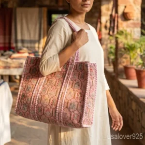 Pink Floral Block Print Quilted Cotton Tote Bag with striped shoulder straps showing the traditional hand block botanical print layout.