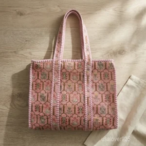 Pink Floral Block Print Quilted Cotton Tote Bag with striped shoulder straps showing the traditional hand block botanical print layout.