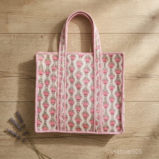 A woman carrying the Pink Floral Quilted Tote Bag by the wide straps, showcasing its light padded structure and vibrant boho accessory style at an outdoor market.