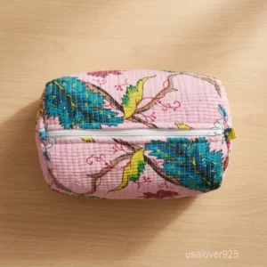 Set of 3 Pink Floral Bird Hand Block Print Cosmetic Bag Set nesting configuration showing the traditional rose-toned design and secure zipper lines with accent beads and tassels.