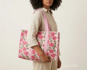 Close-up of the pink botanical floral print, dense parallel line quilted stitching, and protective inner lining layer on an Indian cotton shopper bag.