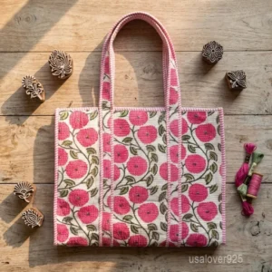Pink Floral Hand Block Print Quilted Cotton Tote Bag showing the traditional hand block flower print layout.