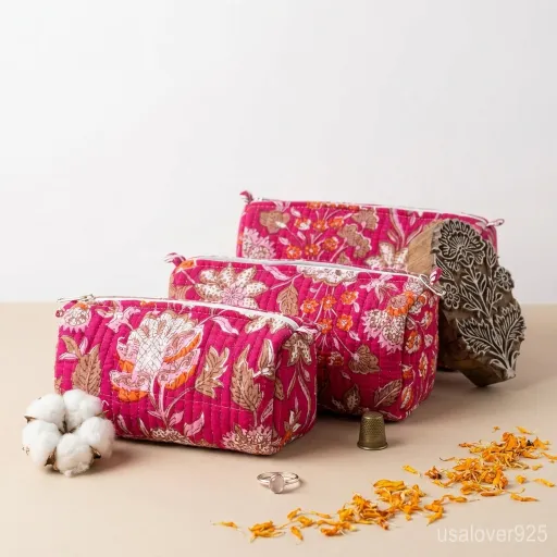Eco-friendly-Quilted-Cotton-Toiletry-Bag-Set-Pink-Botanical