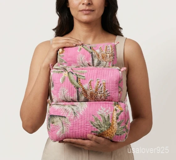 Close-up of the handcrafted pink floral print detailing, dense vertical quilted stitching rows, waterproof internal plastic lining, and built-in inside slots on an Indian cotton cosmetic caddy pouch.