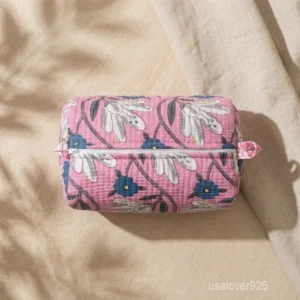 Set of 3 Pink Floral Quilted Cotton Toiletry Bags nesting set showing the traditional rose-toned artisan design and secure zipper fastenings.