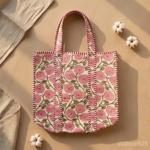 Woman walking through an outdoor market carrying a Pink Floral Hand Block Print Quilted Cotton Tote Bag loaded with books.