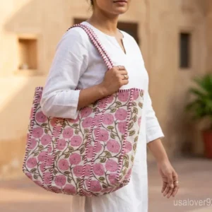 Pink Floral Hand Block Print Quilted Cotton Tote Bag with comfortable matching fabric straps held against a neutral background.
