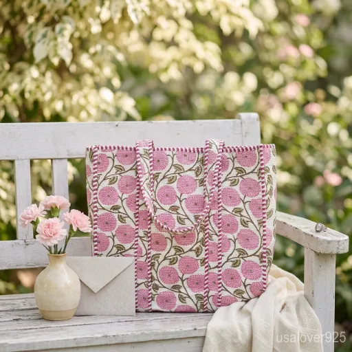 Close-up of intricate pink botanical hand-block print patterns and high-quality protective inner lining on a quilted cotton tote bag.