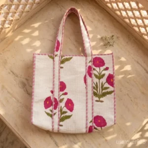 Woman walking through an outdoor market carrying an over-sized Pink Floral Quilted Cotton Tote Bag packed with books and travel essentials.