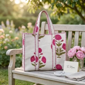 Pink Floral Quilted Cotton Tote Bag with comfortable over-the-shoulder handles held against a natural background.