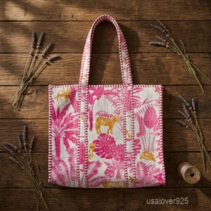 A person carrying a large Pink Floral Quilted Cotton Tote Bag comfortably over their shoulder during an outdoor weekend holiday beach trip.