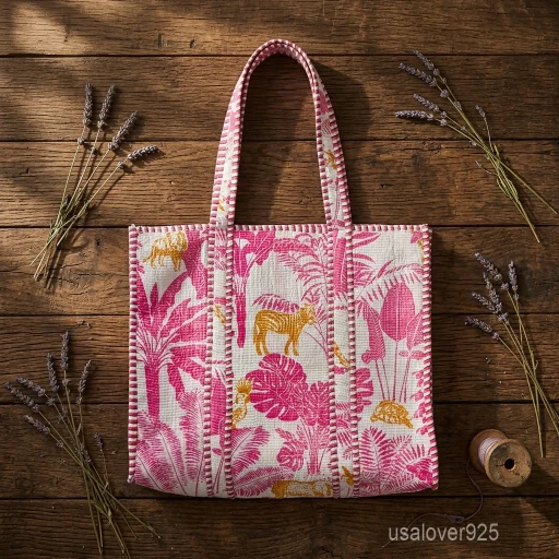 A person carrying a large Pink Floral Quilted Cotton Tote Bag comfortably over their shoulder during an outdoor weekend holiday beach trip.