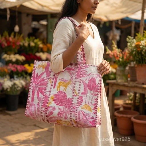 Pink Floral Quilted Cotton Tote Bag with large shoulder handles showing the vibrant traditional artisan design.