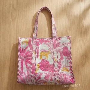 Pink Floral Quilted Cotton Tote Bag with large shoulder handles showing the vibrant traditional artisan design.