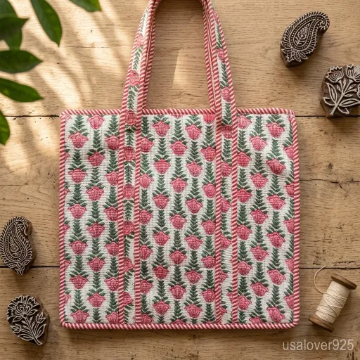 Woman walking through an outdoor farmers market carrying a Pink Floral Quilted Tote Bag packed with books and daily essentials.