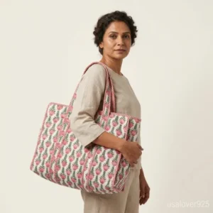 Pink Floral Quilted Tote Bag with comfortable over-the-shoulder handles featuring an ethnic hand block print botanical motif.