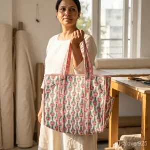 Pink Floral Quilted Tote Bag with comfortable over-the-shoulder handles featuring an ethnic hand block print botanical motif.