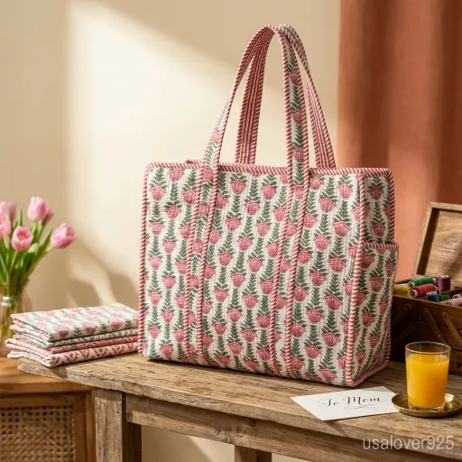 Close-up of intricate pink botanical hand-block print patterns and high-quality Kantha-style quilted stitching on a cotton tote bag.