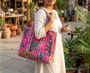 Pink Floral Velvet Quilted Tote Bag with large shoulder handles showing the vibrant botanical flower print design.