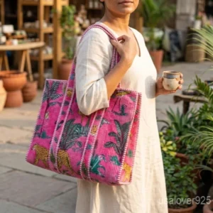 Pink Floral Velvet Quilted Tote Bag with large shoulder handles showing the vibrant botanical flower print design.
