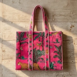 Pink Floral Velvet Quilted Tote Bag with large shoulder handles showing the vibrant botanical flower print design.