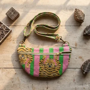 Woman walking through a summer festival wearing a Pink Green Tiger Print Quilted Mini Purse as a secure front crossbody sling.